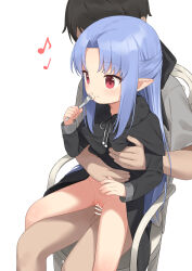  1boy 1girl bar_censor black_bow black_dress black_hair blue_hair blush bottomless bow capelet censored commentary_request commission drawstring dress eating eighth_note fur-trimmed_capelet fur_trim grey_shirt hair_bow hetero highres len_(tsukihime) loli long_hair long_sleeves matanukinuki musical_note no_panties penis pointy_ears pussy quarter_note red_eyes reverse_upright_straddle sex sex_from_behind shirt simple_background sitting sitting_on_lap sitting_on_person skeb_commission testicles torso_grab tsukihime vaginal white_background  rating:Explicit score:189 user:danbooru