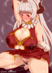  10s 1girl alicia_(granblue_fantasy) arm_behind_head bare_shoulders barefoot blush breasts choker cleavage cleavage_cutout clothes_lift clothing_cutout cow_girl cow_horns dress earrings female_focus gloves granblue_fantasy horns huge_breasts jewelry lactation lactation_through_clothes long_hair looking_at_viewer panties plump pointy_ears red_eyes silver_hair simple_background skirt skirt_lift smile solo squatting steam underboob underwear white_gloves yamaneko_ken 
