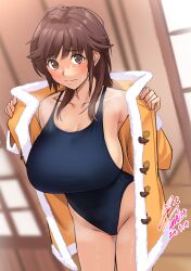  1girl amagami artist_name birthday blue_one-piece_swimsuit blush breasts brown_coat brown_eyes brown_hair cleavage closed_mouth coat collarbone commentary competition_school_swimsuit competition_swimsuit cowboy_shot dated duffel_coat embarrassed fur-trimmed_coat fur_trim groin highleg highres huge_breasts indoors large_breasts looking_at_viewer medium_hair one-piece_swimsuit opened_by_self raised_eyebrows sakurai_rihoko school_swimsuit sideboob sidelocks signature solo standing sweatdrop swimsuit swimsuit_under_clothes window yoo_tenchi 