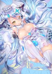  1girl :p absurdres arm_behind_head bare_shoulders blue_hair blush breasts cleavage draph dress elbow_gloves fur_trim gloves granblue_fantasy highres horns izmir large_breasts light_blue_hair long_dress long_hair mezashi_gohan pointy_ears solo thighhighs tongue tongue_out underboob very_long_hair yellow_eyes 