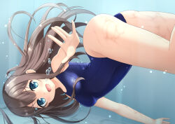  1girl 7fuji_06 air_bubble ange_vierge ass bare_arms bare_legs bare_shoulders blue_eyes breasts brown_hair bubble highres hinata_miumi long_hair one-piece_swimsuit open_mouth pool reaching reaching_towards_viewer school_swimsuit small_breasts smile solo swimsuit thighs two_side_up underwater very_long_hair water 