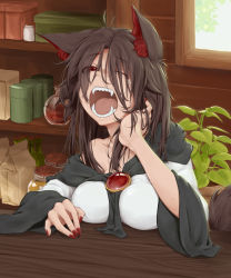  1girl animal_ears bag bottle breast_rest breasts breasts_on_table brooch brown_hair canister dress eyes_visible_through_hair fangs fingernails flask hair_over_eyes highres imaizumi_kagerou indoors jar jewelry kokko361 large_breasts long_hair messy_hair nail_polish off_shoulder one_eye_closed open_mouth plant potted_plant red_eyes ruffling_hair shelf sitting solo table tail tears teeth touhou wide_sleeves window wolf_ears wolf_tail yawning  rating:Questionable score:16 user:danbooru