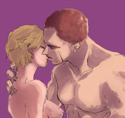 1boy 1girl bad_id bad_pixiv_id blonde_hair breasts buzz_cut couple closed_eyes imminent_kiss jake_muller nipples nude resident_evil resident_evil_2 resident_evil_6 scar sherry_birkin short_hair very_short_hair rating:Questionable score:16 user:danbooru