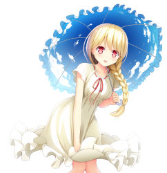  1girl blonde_hair braid breasts collarbone commentary_request dress highres holding holding_umbrella iwamoto_sora knees_together_feet_apart kogara_toto looking_at_viewer lupinus_virtual_games red_eyes short_sleeves simple_background single_braid skirt_hold small_breasts solo sundress swept_bangs umbrella virtual_youtuber vspo! white_background 