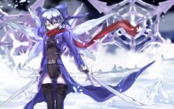  1girl aged_up amatou3 archer_(fate) archer_(fate)_(cosplay) blue_bow blue_eyes blue_hair bow breasts cirno cirno-nee cosplay crystal_sword dual_wielding fairy fairy_wings frozen gears gloves gluteal_fold hair_bow holding ice ice_wings igote leotard looking_at_viewer red_scarf scarf small_breasts snowflakes solo sword thighhighs touhou unlimited_blade_works_(fate) waist_cape weapon wings 