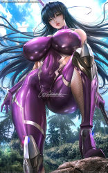  1girl black_hair bodysuit breasts cameltoe covered_erect_nipples fishnets green_eyes high_heels huge_breasts igawa_asagi impossible_bodysuit impossible_clothes katana lexaiduer lips lipstick long_hair looking_at_viewer makeup nose outdoors parted_lips patreon_logo purple_bodysuit reverse_grip shiny_skin skin_tight solo standing sword taimanin_(series) taimanin_asagi taimanin_suit watermark weapon web_address  rating:Sensitive score:112 user:danbooru