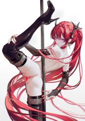  1girl anus arknights ass back boots censored cropped_legs cross cross_earrings double-parted_bangs earrings high_heels horns iumu jewelry long_hair looking_at_viewer mosaic_censoring peeing pole_dancing ponytail purple_eyes pussy red_hair red_nails sidelocks spread_legs spread_pussy stiletto_heels surtr_(arknights) thigh_boots turning_head very_long_hair white_background 