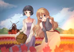  2girls absurdres alternate_costume bare_shoulders basket between_breasts black_hair blonde_hair blush breasts cloud commentary_request day dress field flower flower_field highres holding holding_basket jacket kantai_collection light_brown_hair long_hair long_sleeves medium_breasts mizunototori multiple_girls myoukou_(kancolle) open_clothes open_jacket open_mouth outdoors purple_dress red_flower skirt sky smile strap_between_breasts windmill zara_(kancolle) 