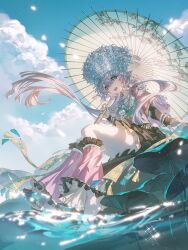  1girl :d alternate_costume alternate_hairstyle blue_sky changmingsuo cloud commentary_request day green_eyes hair_between_eyes highres hmong holding holding_umbrella long_hair looking_at_viewer luo_tianyi miao_clothes miao_hat oil-paper_umbrella open_mouth outdoors parasol sitting sky smile solo tuzhate umbrella very_long_hair vocaloid vsinger water 