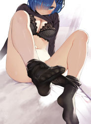 1girl bed_sheet black_bra black_pantyhose blue_eyes bottomless bra breasts cleavage clothes_lift clothes_pull commentary_request convenient_leg feet gaou_(umaiyo_puyoman) hair_over_one_eye knees_up large_breasts lifting_own_clothes long_sleeves looking_at_viewer navel no_panties on_bed pantyhose pantyhose_pull re:zero_kara_hajimeru_isekai_seikatsu rem_(re:zero) short_hair sitting solo stomach sweater sweater_lift toes underwear rating:Questionable score:84 user:danbooru