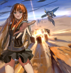 1girl balgora black_skirt breasts brown_hair crying explosion green_eyes gun highres holding holding_gun holding_weapon jeanex looking_at_viewer mecha mechanical_wings military military_uniform open_hand open_mouth outstretched_arm panties pantyshot robot setsuko_ohara skirt small_breasts super_robot_wars super_robot_wars_z super_robot_wars_z1 thighhighs underwear uniform weapon white_panties wind wind_lift wings