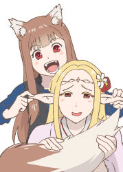  2girls :d animal_ear_fluff animal_ears blonde_hair blunt_bangs blush_stickers brown_hair commentary_request crossover edomae_elf eldali_ilma_fanomenel elf flower forehead hair_flower hair_ornament hand_on_another&#039;s_ear head_tilt headpiece highres holo hugging_tail japanese_clothes koshimizu_ami long_hair long_sleeves looking_at_another looking_at_viewer miko multiple_girls open_mouth parted_bangs pointy_ears red_eyes sidelocks simple_background smile spice_and_wolf tail ueyama_michirou voice_actor_connection white_background wide_sleeves wolf_ears wolf_girl wolf_tail 