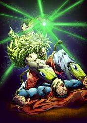  2boys absurdres broly_(dragon_ball_z) crossover dc_comics dragon_ball dragonball_z epic fighting highres kryptonian male_focus multiple_boys super_saiyan super_saiyan_3 superman superman_(series)  rating:Sensitive score:31 user:that_smart_mouth