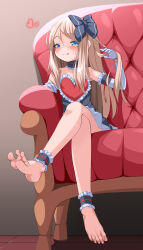  1girl barefoot blue_eyes blush crossed_legs feet highres licking_lips long_hair looking_at_viewer soles toes tongue tongue_out zoquqot 