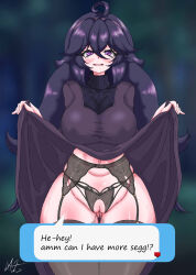  1girl alternate_breast_size breasts cleft_of_venus clothes_lift creatures_(company) crotchless crotchless_panties curvy dialogue_box dress dress_lift game_freak garter_belt garter_straps hex_maniac_(pokemon) huge_breasts long_hair maoricl nintendo panties pokemon pokemon_xy purple_dress purple_eyes purple_hair pussy shiny_skin shy thong underwear very_long_hair wide_hips 