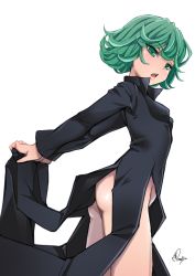 1girl ass baicha green_eyes green_hair highres matching_hair/eyes one-punch_man open_mouth short_hair signature simple_background solo tatsumaki thighs white_background rating:Questionable score:79 user:danbooru