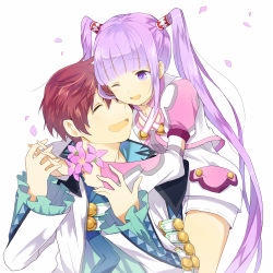 1boy 1girl asbel_lhant bad_id bad_pixiv_id brown_hair detached_sleeves closed_eyes flower kitsuta official_alternate_costume one_eye_closed purple_eyes purple_hair shorts sophie_(tales) tales_of_(series) tales_of_graces twintails white_background white_shorts wink rating:Sensitive score:4 user:danbooru