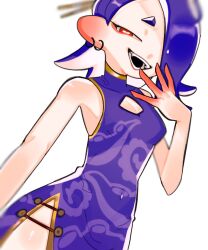  1girl blue_hair bright_pupils chinese_clothes cleavage_cutout clothing_cutout covered_navel cowboy_shot dutch_angle ear_piercing fangs hair_over_one_eye hand_to_own_mouth naq9dokisirtaor nintendo open_mouth piercing red_eyes shiver_(splatoon) side_slit smile solo splatoon_(series) splatoon_3 tentacle_hair white_background white_pupils 