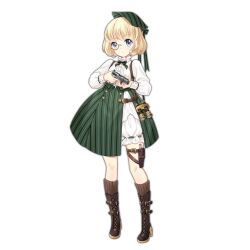 1girl binoculars blonde_hair bloomers blue_eyes bob_cut boots brown_footwear colored_shoe_soles full_body girls&#039;_frontline green_hat green_ribbon green_skirt gun handgun hat hat_ribbon holding holding_gun holding_weapon holster long_sleeves looking_at_viewer monocle monocle_chain neck_ribbon official_art p99_(girls&#039;_frontline) puffy_long_sleeves puffy_sleeves ribbon ribbon-trimmed_bloomers ribbon_trim semi-rimless_eyewear shirt short_hair simple_background skirt solo standing thigh_holster transparent_background trigger_discipline two-handed underwear walther walther_p99 weapon white_bloomers white_shirt zhenming