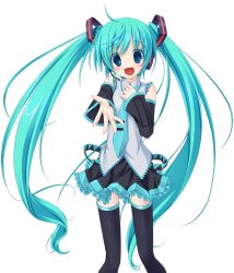  1girl akawata aqua_eyes aqua_hair blush colorized detached_sleeves hatsune_miku headphones highres long_hair necktie open_mouth outstretched_hand skirt smile solo thighhighs transparent_background twintails vocaloid wata_(akawata) 