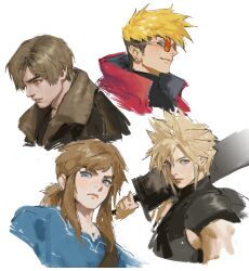  4boys absurdres armor black_shirt blonde_hair blue_eyes blue_tunic cloud_strife coat cropped_torso final_fantasy final_fantasy_vii final_fantasy_vii_rebirth final_fantasy_vii_remake fur-trimmed_jacket fur_trim glasses hair_between_eyes highres holding holding_sword holding_weapon i_monos jacket leather leather_jacket leon_s._kennedy link looking_at_viewer low_ponytail medium_hair multiple_boys nintendo over_shoulder parted_bangs portrait red_coat resident_evil resident_evil_4 resident_evil_4_(remake) shirt short_hair shoulder_armor sidelocks single_bare_shoulder single_shoulder_pad sketch sleeveless sleeveless_turtleneck smile spiked_hair swept_bangs sword the_legend_of_zelda the_legend_of_zelda:_breath_of_the_wild the_legend_of_zelda:_tears_of_the_kingdom trigun trigun_stampede turtleneck undercut vash_the_stampede weapon weapon_over_shoulder white_background 