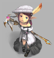  10s arms_behind_back boots brown_hair dress earrings feathers final_fantasy final_fantasy_xiv from_above gloves hamu_no_jin hat heterochromia jewelry lalafell long_hair looking_up necklace pointy_ears smile solo staff twintails warrior_of_light_(ff14) weapon 