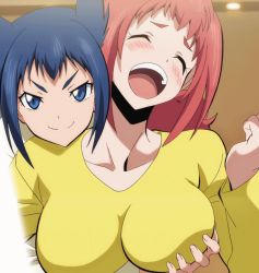 10s 3girls animated animated_gif anime_screenshot bathrobe blue_hair grabbing_another&#039;s_breast breasts grabbing keijo!!!!!!!! large_breasts multiple_girls purple_hair red_hair rokudo_rin stitched subtitled third-party_edit toyoguchi_non rating:Questionable score:126 user:slippymofo