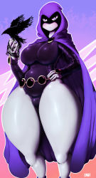 1girl blush breasts cloak daii dc_comics female_focus frown gradient_background highres hood large_breasts leotard pale_skin plump purple_eyes raven_(dc) solo teen_titans thick_thighs thighs wide_hips rating:Questionable score:74 user:AlexanderAkai