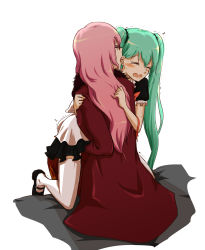 2girls bespectacled blush closed_eyes ear_licking fingering glasses green_hair hatsune_miku highres hug kneeling licking long_hair maid mary_janes megurine_luka multiple_girls nejikyuu open_mouth pink_hair pussy_juice shoes simple_background sitting sweat thighhighs twintails very_long_hair vocaloid white_background white_legwear yuri rating:Explicit score:39 user:danbooru
