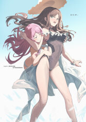  2girls absurdres bang_dream! bang_dream!_it&#039;s_mygo!!!!! bare_arms bare_legs bare_shoulders barefoot behind_another black_one-piece_swimsuit blue_background blue_eyes blush breasts brown_hair chihaya_anon chinese_text cleavage floating_hair floating_hat frilled_one-piece_swimsuit frills grabbing grabbing_another&#039;s_breast gradient_background grey_eyes grin half-closed_eyes hand_under_clothes hand_under_swimsuit hand_up hashtag_only_commentary hat highres hip_vent jumping long_hair looking_at_another looking_to_the_side medium_breasts multiple_girls nagasaki_soyo o-ring o-ring_swimsuit off-shoulder_one-piece_swimsuit off_shoulder one-piece_swimsuit open_mouth pink_hair sarong scrunchie smile splashing straw_hat sun_hat swimsuit teeth translation_request v-shaped_eyebrows water white_sarong white_scrunchie white_swimsuit wrist_scrunchie wu_lun_wujin yuri 