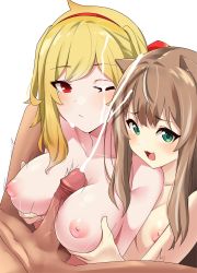  1boy 2girls animal_ears assisted_paizuri ayunda_risu bisexual_female blonde_hair blush breasts brown_hair cum erection facial ffm_threesome grabbing grabbing_another&#039;s_breast group_sex hairband hetero highres hololive hololive_indonesia kaela_kovalskia large_breasts medium_breasts multiple_girls nipples nonstop_nut_november nude one_eye_closed paizuri penis projectile_cum puffy_nipples red_eyes red_hairband simple_background squirrel_ears squirrel_girl testicles threesome uncensored upper_body virtual_youtuber white_background yuyu5x  rating:Explicit score:265 user:danbooru