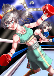  2girls boxer boxing boxing_gloves boxing_ring boxing_shorts face_punch in_the_face mouth_guard multiple_girls punching santos shorts sports_bra uppercut 