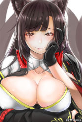 1114 1girl akagi_(azur_lane) animal_ears arm_across_waist azur_lane bad_id bad_pixiv_id black_hair blunt_bangs blush breasts cleavage collarbone eyeshadow fox_ears fox_tail framed_breasts gloves hair_ornament half-closed_eyes hand_on_own_arm hand_on_own_face japanese_clothes large_breasts long_hair looking_at_viewer makeup multiple_tails red_eyes seductive_smile sidelocks simple_background smile solo tail tongue tongue_out twitter_username white_background rating:Sensitive score:12 user:danbooru