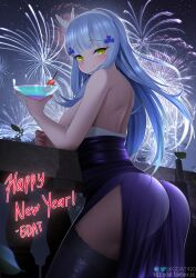  1girl artist_name ass black_thighhighs blue_hair blush breasts champagne_coupe cowboy_shot cup dress drinking_glass fireworks gdat girls&#039;_frontline green_eyes hair_ornament hairband happy_new_year hk416_(girls&#039;_frontline) holding holding_cup large_breasts leaf long_hair looking_at_viewer looking_back multicolored_clothes multicolored_dress new_year purple_dress red_nails smile teardrop_facial_mark teardrop_tattoo thighhighs white_dress 