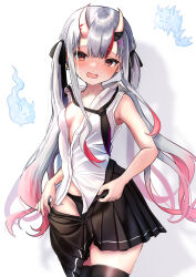  1girl black_panties black_ribbon black_skirt black_thighhighs blunt_bangs blush breasts center-flap_bangs collar commentary_request earrings embarrassed fang gradient_hair grey_hair hair_ornament hair_ribbon highres hololive horns jewelry long_hair medium_breasts multicolored_hair nakiri_ayame nakiri_ayame_(streetwear) necktie no_bra nose_blush official_alternate_costume oni open_clothes open_mouth open_shirt panties panty_peek partial_commentary pleated_skirt raised_eyebrows red_eyes red_hair revision ribbon shirt simple_background skin-covered_horns skin_fang skirt sleeveless sleeveless_shirt solo streaked_hair terra_bose thigh_strap thighhighs thighs twintails unbuttoned unbuttoned_shirt underwear undressing very_long_hair virtual_youtuber wavy_mouth white_background x_hair_ornament zettai_ryouiki 