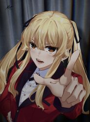  1girl absurdres angry blazer blush border camera character_signature formal hand_on_own_hip highres hyakkaou_academy_school_uniform jacket kakegurui long_hair looking_at_viewer m10cmdesu open_mouth polaroid red_suit saotome_mary school_uniform selfie shirt simple_background solo suit twintails white_border 