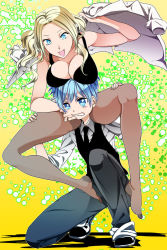  age_difference ansatsu_kyoushitsu blonde_hair blue_eyes blue_hair blush bra breasts colorful face_grab feet irina_jelavic large_breasts legs_apart long_hair pants pantyhose shiota_nagisa shoes smile teacher teacher_and_student tongue tongue_out underwear  rating:Questionable score:28 user:TheDeadOne890