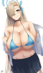 1girl asuna_(blue_archive) bikini black_skirt blue_archive blue_bikini blue_eyes blush breasts choker cleavage collarbone grin hair_over_one_eye halo highres huge_breasts ibara_azuki light_brown_hair long_hair looking_at_viewer mole mole_on_breast navel open_clothes open_shirt shirt simple_background skindentation skirt smile solo swimsuit upper_body white_background white_shirt rating:Sensitive score:55 user:danbooru