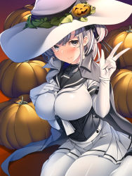  1girl blush bodysuit breasts cape cleavage corset hand_on_own_chest hat highres jack-o&#039;-lantern kantai_collection large_breasts leaf pleated_skirt pumpkin short_hair sitting skirt smile solo suzutsuki_(kancolle) torisan v wariza white_bodysuit white_hair witch_hat  rating:Sensitive score:15 user:danbooru