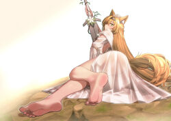  1girl animal_ears arknights ass bare_legs barefoot blonde_hair claymore_(sword) feet flower foot_focus highres holding holding_sword holding_weapon horn_(arknights) horn_(to_effloresce_whitely)_(arknights) light_rays looking_at_viewer looking_back lying on_floor on_side soles solo sword toes weapon wide_hips wolf_ears wolf_girl yamauchi_(conan-comy) 