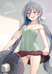  1girl ahoge bra breasts cameltoe camisole clothes_lift commission electric_fan fanning_crotch green_camisole grey_eyes grey_hair hair_between_eyes highres kanden_sky kantai_collection kiyoshimo_(kancolle) lifting_own_clothes long_hair low_twintails open_mouth panties pixiv_commission purple_skirt skirt skirt_lift small_breasts solo standing strap_slip twintails underwear very_long_hair white_bra white_panties 