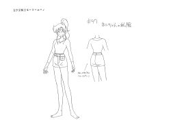  1990s_(style) 1girl alternate_costume barefoot bishoujo_senshi_sailor_moon bishoujo_senshi_sailor_moon_s casual character_sheet closed_mouth denim denim_shorts kino_makoto long_hair looking_at_viewer monochrome multiple_views official_art open_mouth ponytail retro_artstyle scan shorts smile solo standing toei_animation translation_request white_background wide_hips 