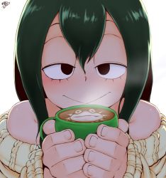 1girl :&gt; aran_sweater asui_tsuyu bad_id bad_pixiv_id bare_shoulders black_eyes boku_no_hero_academia cable_knit cappuccino close-up closed_mouth coffee coffee_mug cross-eyed cup green_hair half-closed_eyes highres holding holding_cup kermit_the_frog latte_art long_hair long_sleeves looking_at_viewer mug off-shoulder_sweater off_shoulder randomboobguy seductive_smile simple_background smile solo sweater upper_body white_background rating:Sensitive score:107 user:DarkToonLink