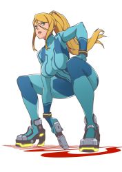 1girl ass blonde_hair blue_bodysuit blue_eyes bodysuit breasts commentary gun high_ponytail highres imdsound impossible_bodysuit impossible_clothes large_breasts long_hair long_legs looking_at_viewer metroid mole mole_under_mouth nintendo no_more_heroes parody ponytail samus_aran shiny_clothes simple_background skin_tight solo squatting super_smash_bros. weapon zero_suit rating:Sensitive score:80 user:danbooru