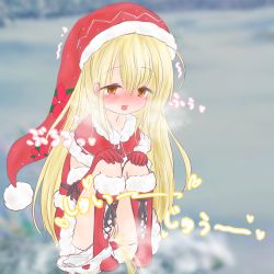 1girl anzusyu blonde_hair blush boots bow bow_panties brown_eyes capelet dress female_focus flower_knight_girl full_body fur-trimmed_boots fur-trimmed_capelet fur-trimmed_dress fur-trimmed_gloves fur-trimmed_headwear fur_trim gloves hands_on_own_knees hat heart heart-shaped_pupils loli long_hair open_mouth panties panties_around_leg panties_around_one_ankle peeing poinsettia_(flower_knight_girl) pom_pom_(clothes) pussy red_capelet red_dress red_footwear red_gloves red_hat santa_costume santa_hat smile snow solo sparkle steam symbol-shaped_pupils trembling uncensored underwear white_panties rating:Explicit score:11 user:akarin_akari