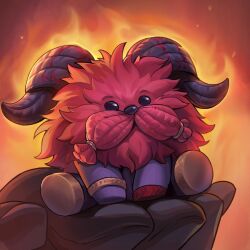 1boy body_fur braid braided_beard chibi commentary english_commentary facial_hair fire furry furry_male holding holding_stuffed_toy horns league_of_legends looking_ahead male_focus mustache official_art ornn out_of_frame second-party_source sitting solo stuffed_toy 