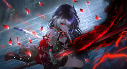  1girl absurdres acheron_(honkai:_star_rail) armor belt black_belt black_choker black_coat black_shirt black_shorts body_markings boots breasts bright_pupils choker cleavage closed_mouth coat coattails colored_extremities commentary cowboy_shot criss-cross_halter crop_top electricity english_commentary flaming_sword flaming_weapon flower fuzumie gradient_hair hair_ornament hair_over_one_eye halterneck highres holding holding_sword holding_weapon honkai:_star_rail honkai_(series) katana knee_boots large_breasts long_hair looking_at_viewer midriff multicolored_hair official_alternate_color purple_hair rain red_eyes red_flower red_hands red_petals shirt shorts shoulder_armor single_bare_shoulder single_knee_boot solo sword thighs very_long_hair water weapon white_hair white_pupils 
