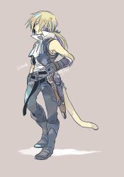  1boy ascot bare_shoulders belt black_belt black_footwear black_gloves black_pants black_vest blonde_hair character_name cropped_vest facing_to_the_side final_fantasy final_fantasy_ix full_body genpai39 gloves grey_background hair_ribbon hand_on_hilt hand_on_own_hip highres low_ponytail male_focus monkey_tail multiple_belts pants parted_bangs popped_collar profile ribbon shirt short_hair_with_long_locks sleeveless sleeveless_shirt solo tail twitter_username vest white_ascot white_shirt zidane_tribal 