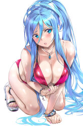  1girl alternate_costume aoki_hagane_no_arpeggio bare_arms bare_shoulders bent_over bikini bikini_pull blue_eyes blue_hair blurry bracelet breasts cleavage clothes_pull depth_of_field fingernails frown hair_between_eyes halterneck highres jewelry large_breasts legs long_hair looking_at_viewer mole mole_under_mouth nagayori nail_polish necklace parted_lips pink_bikini pink_nails ponytail pulled_by_self red_bikini sandals sidelocks simple_background solo squatting string_bikini swimsuit takao_(aoki_hagane_no_arpeggio) thighs toenail_polish toenails very_long_hair white_background  rating:Sensitive score:43 user:danbooru