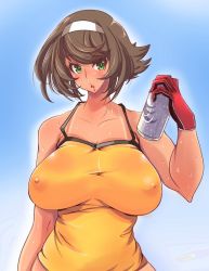 10s 1girl bad_id bad_twitter_id breasts brown_hair can covered_erect_nipples drink_can gloves green_eyes hairband highres huge_breasts impossible_clothes kantai_collection mutsu_(kancolle) no_bra notauchi_mawaru_ni-shiki see-through short_hair soda_can solo sweat tan tanline rating:Questionable score:23 user:danbooru